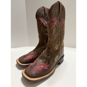 Tony Lama San Saba Boots Womens 7.5 B Brown Floral Square Toe Handcrafted